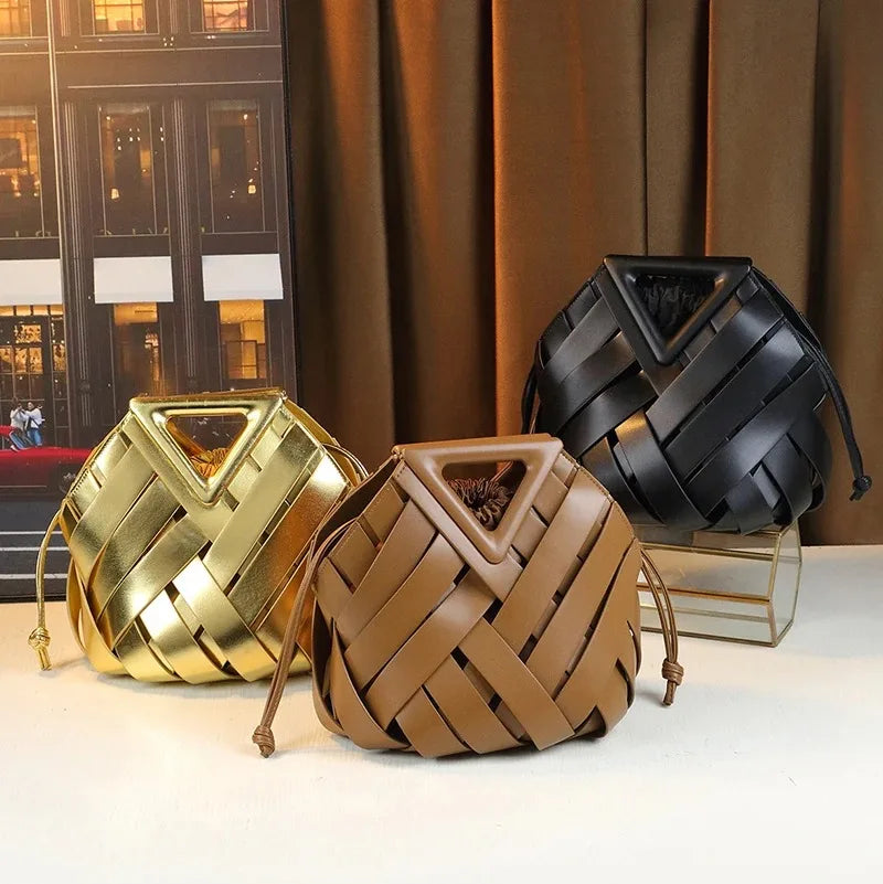 Trendy vegan leather woven tote bag for women with top handle, fashionable crossbody strap, in black with spacious interior.