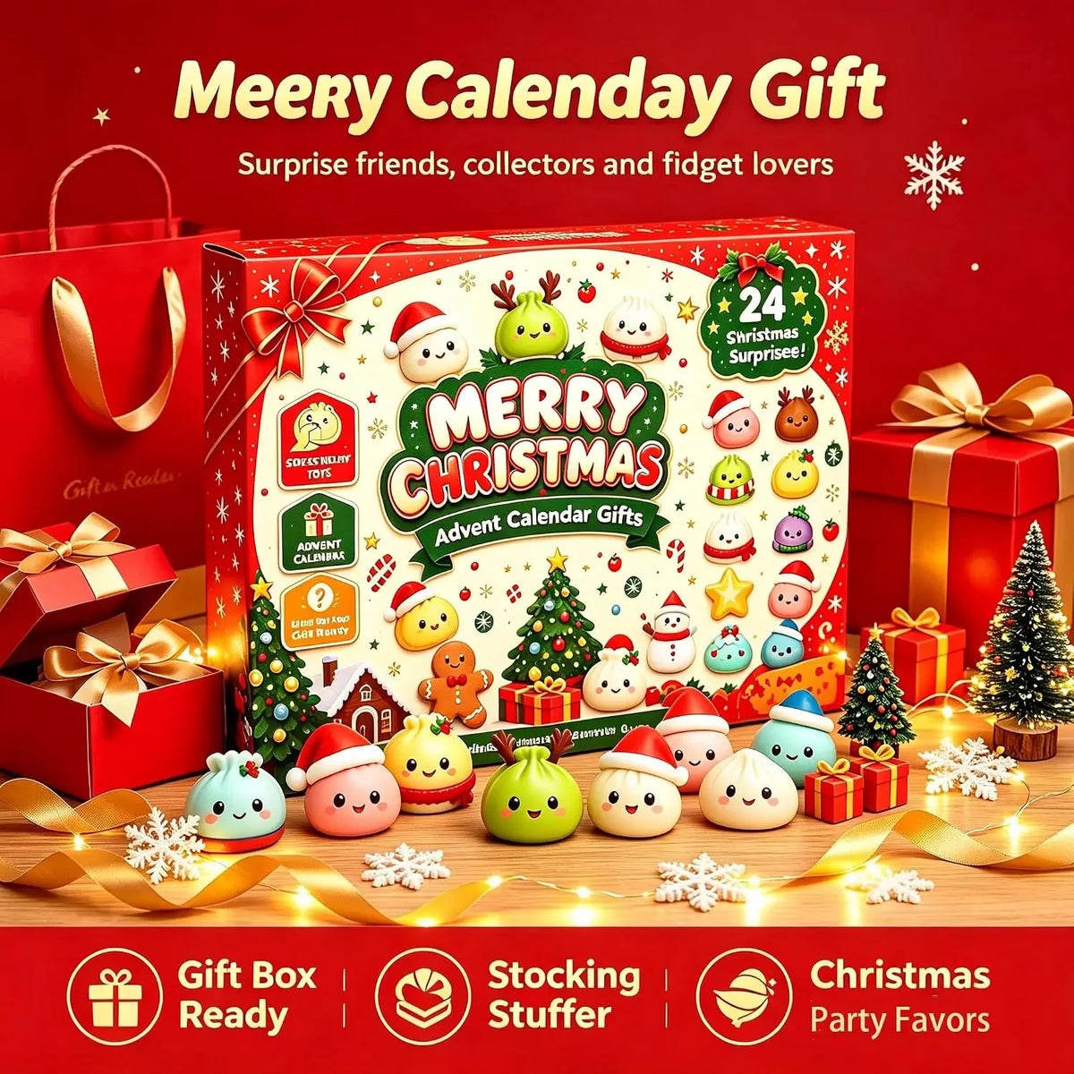 2026 dumpling squishy advent calendar with 24 mini sensory toy figures for a Christmas holiday countdown