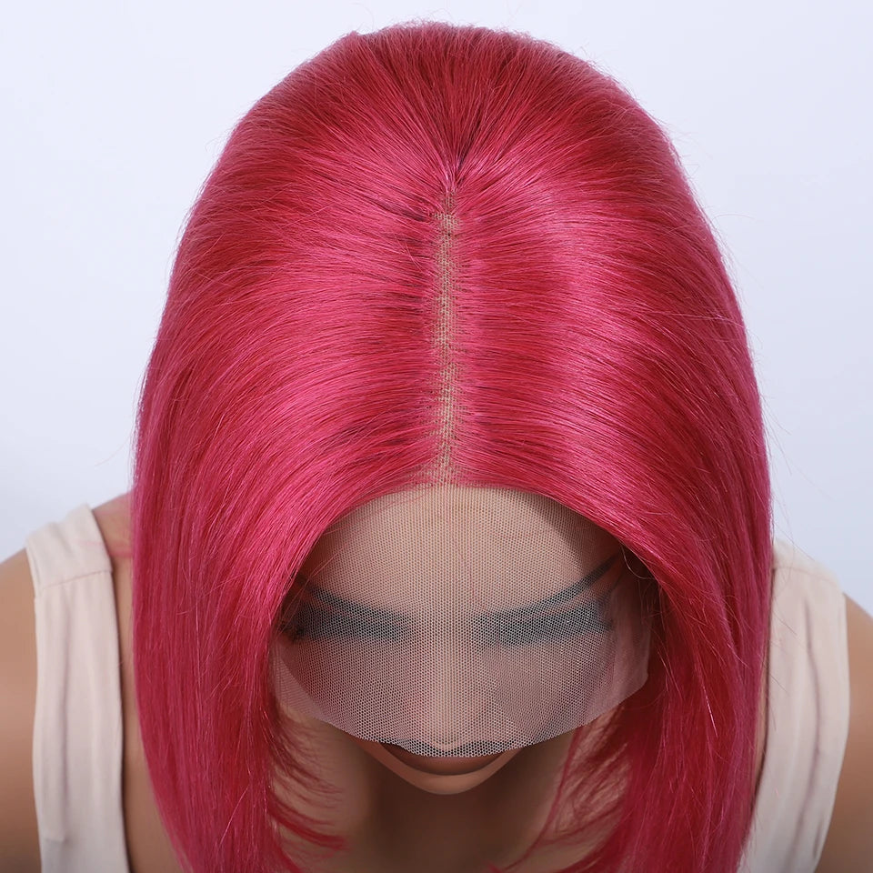 Hot pink lace front bob wig with straight, short hair, 13x5 lace, 180 density, 100% human Remy hair for women.