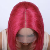 Hot pink lace front bob wig with straight, short hair, 13x5 lace, 180 density, 100% human Remy hair for women.