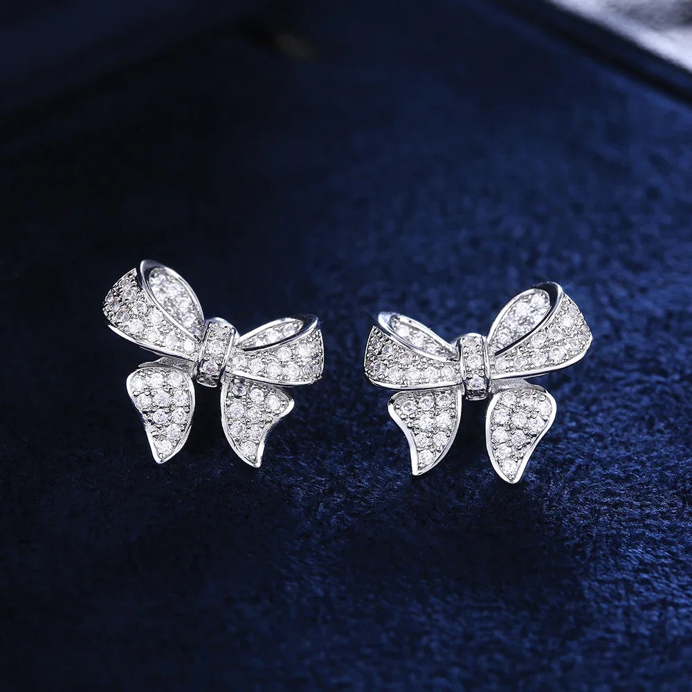Romantic bowknot women’s stud earrings with full-paved shiny crystal zircon details by HSF Marketplace