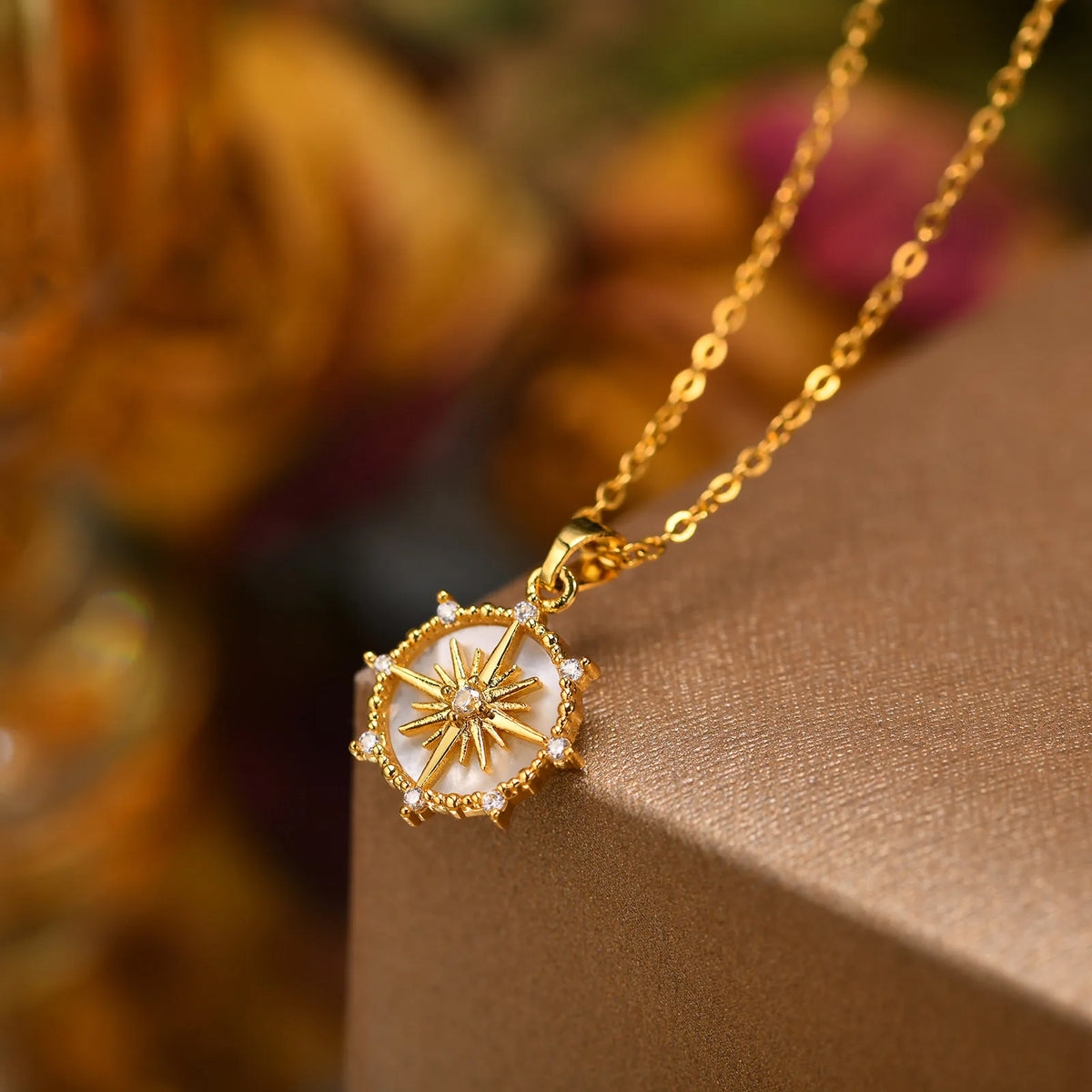 Stainless steel spiral sunflower pendant necklace for women, 18K gold plated, waterproof boho jewelry, stackable fashion necklace.
