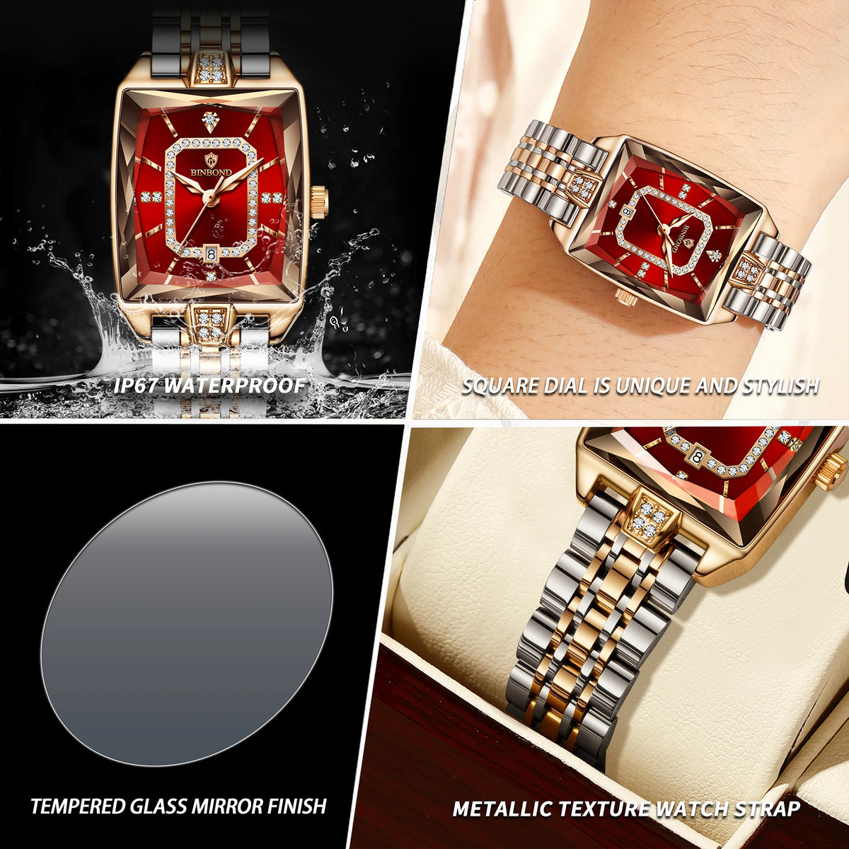 BINBOND Zircon Luxury Reloj Original Waterproof Sturdy Auto Date Women's Watches Ladies Wristwatch Quartz Watch For Women