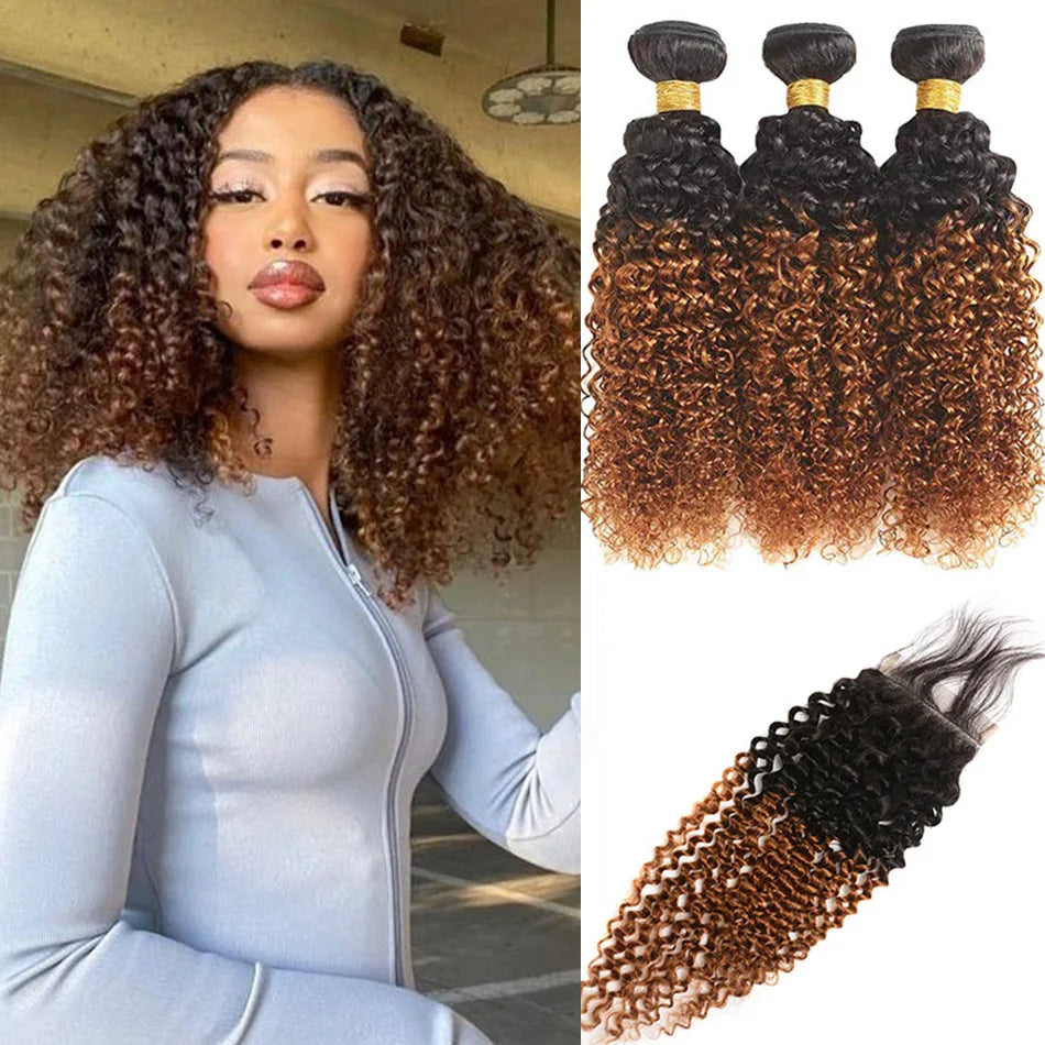 12A Highlight Ombre Curly Bundles Human Hair With Closure Ombre Blond Brown Vietnamese Kinky Curly Virgin Hair With 4x4 Closure