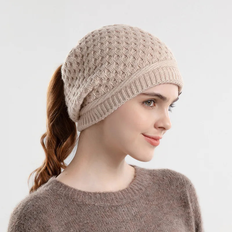 Women's HSF Marketplace beanie with ponytail hole, ear flaps, fleece lining, and slouchy winter design