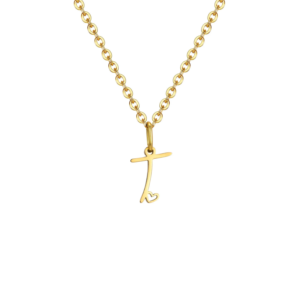 Gold plated dainty heart initial necklace for women with A-Z letter pendant, waterproof stainless steel monogram jewelry.