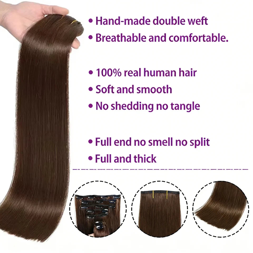 #4/27 highlight clip-in Brazilian straight human hair extensions, 16–26 inches, natural color