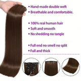 #4/27 highlight clip-in Brazilian straight human hair extensions, 16–26 inches, natural color