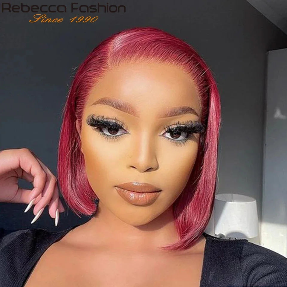 Straight burgundy human hair wig with side part, short bob style, glueless, easy to wear, by HSF Marketplace.