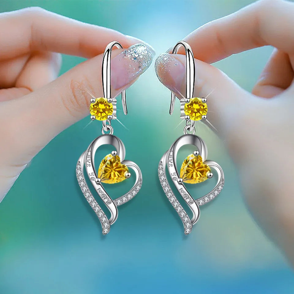 Silver heart drop earrings for women with colorful zircon stones by HSF Marketplace