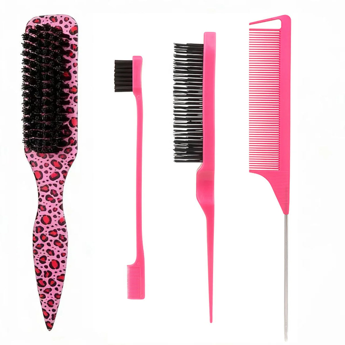 4pcs Bristle Slick Back Hair Brush for Sleek Ponytail Bun & Smoothing Baby Hairs, Flyaways, Edge Control - Backcombing & Teasing