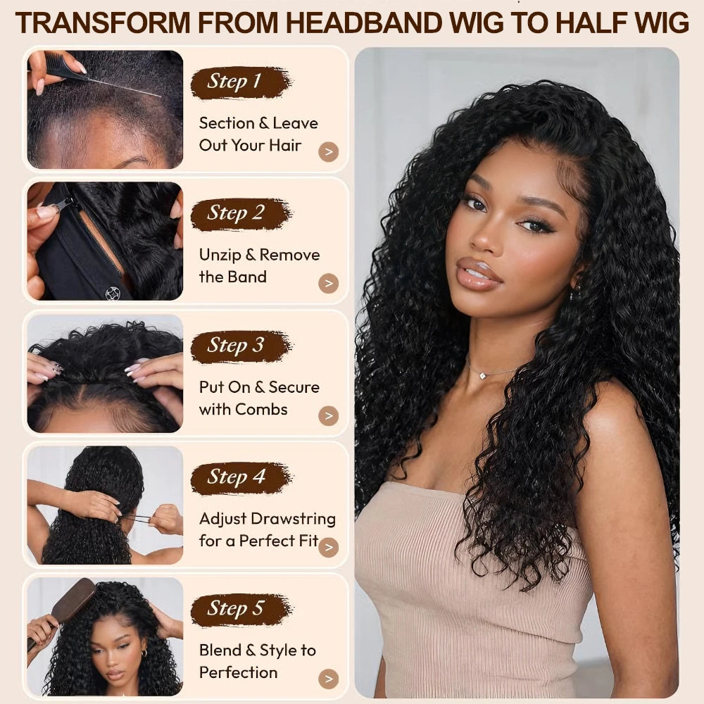 UNice 2-in-1 water wave human hair headband wig and half wig with switch-vesmheadband