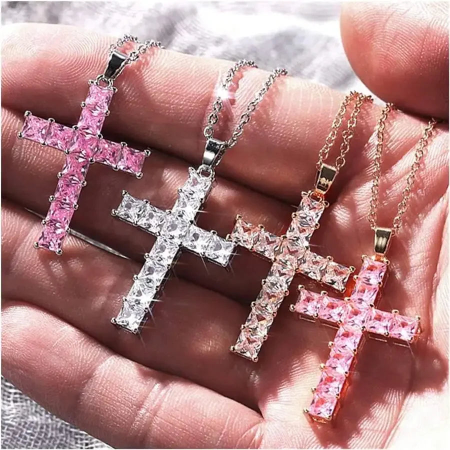 Gold multi-color crystal Jesus cross pendant necklace for women, stylish jewelry accessory with a religious pendant.