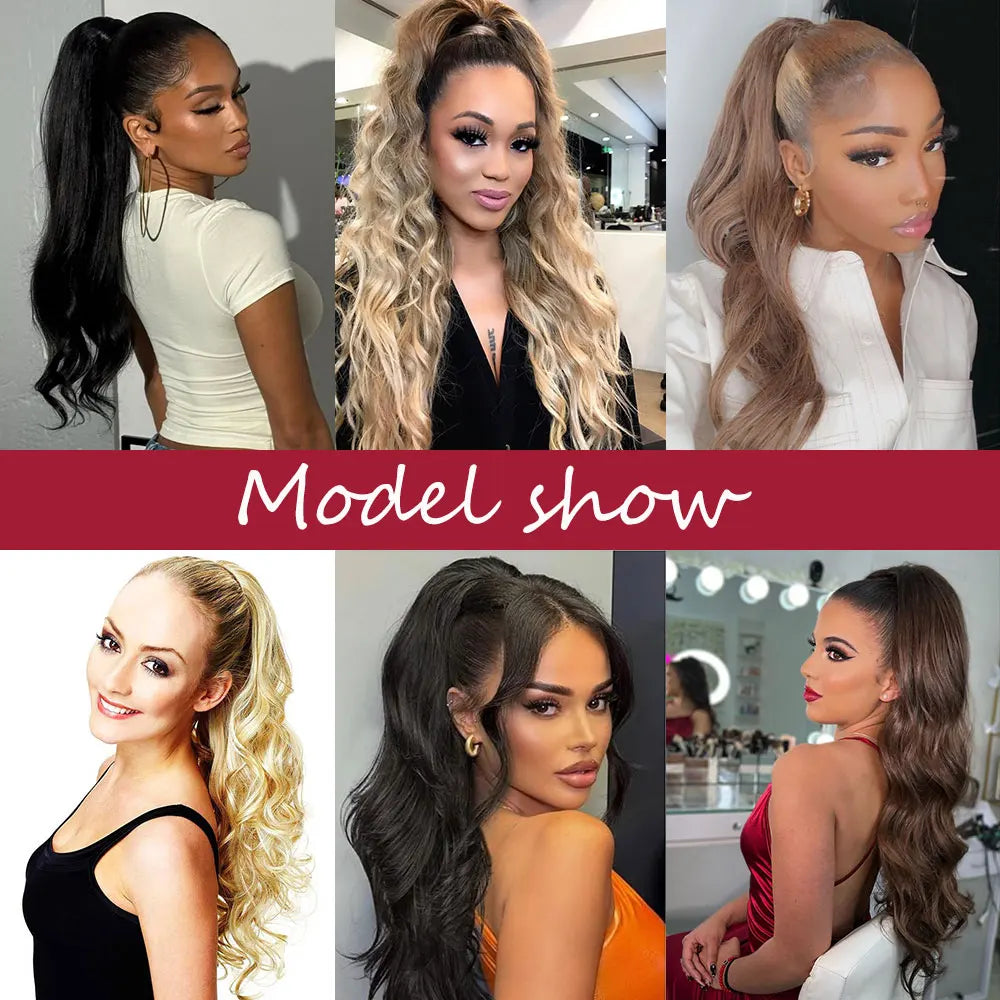 28-inch synthetic body wave drawstring ponytail, ombre brown with blonde highlights, heat resistant 180g hair extension