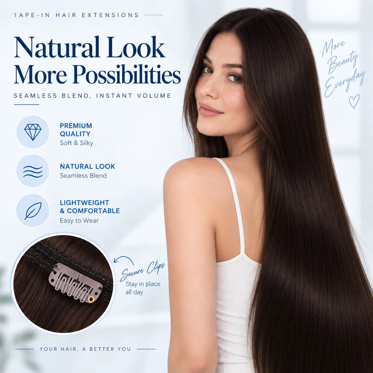 Dark chocolate brown clip-in hair extensions, 100% human hair, straight Brazilian Remy, 7-piece set by HSF Marketplace