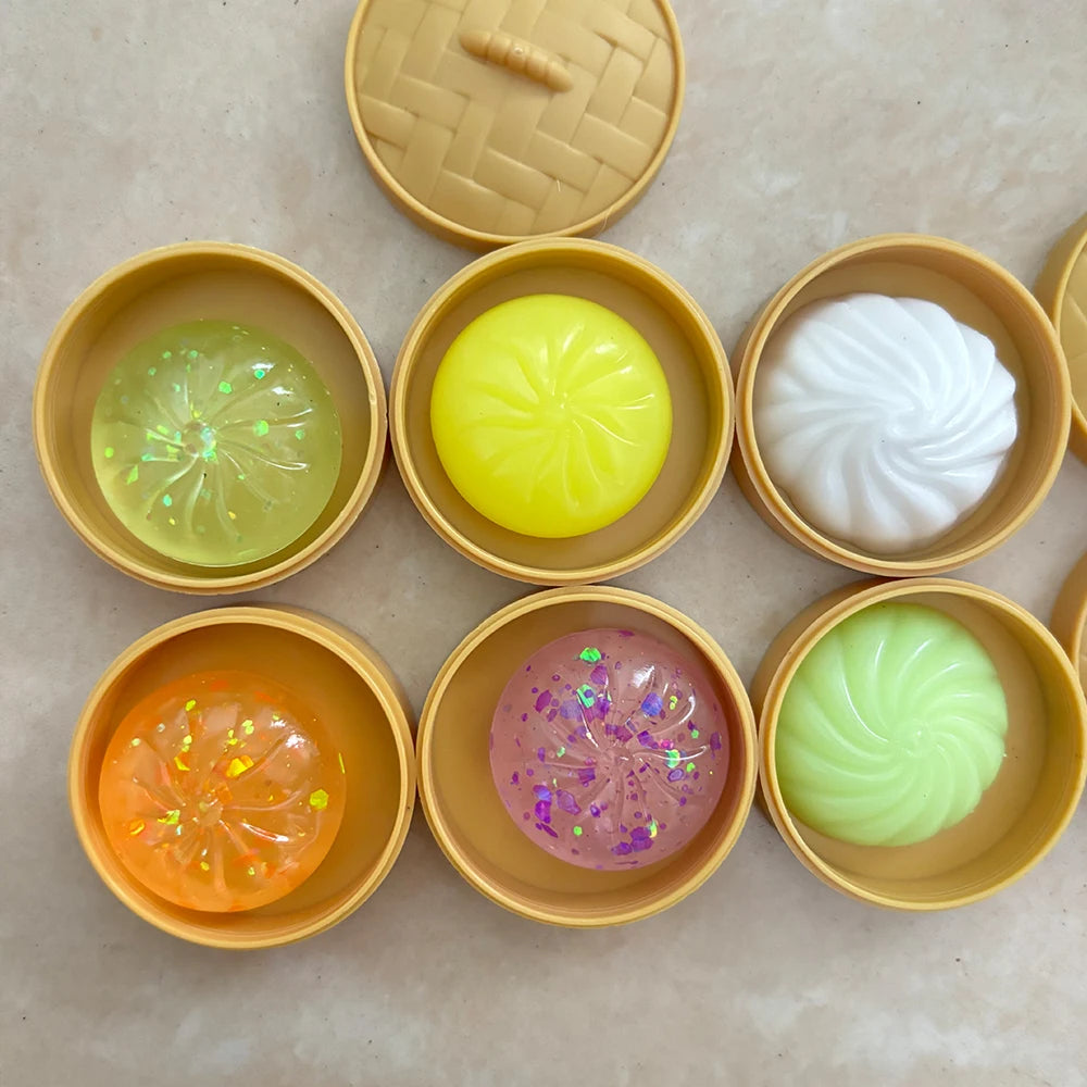 HSF Marketplace crystal mini dumplings and steamed bun squishy set with steamer, soft stress relief fidget toys for calming and party favors.