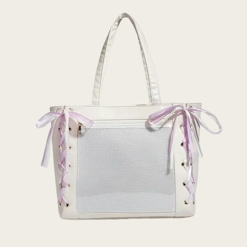 Cute Japanese ribbon ita bag for girls, aesthetic transparent tote with decorative display front by HSF Marketplace