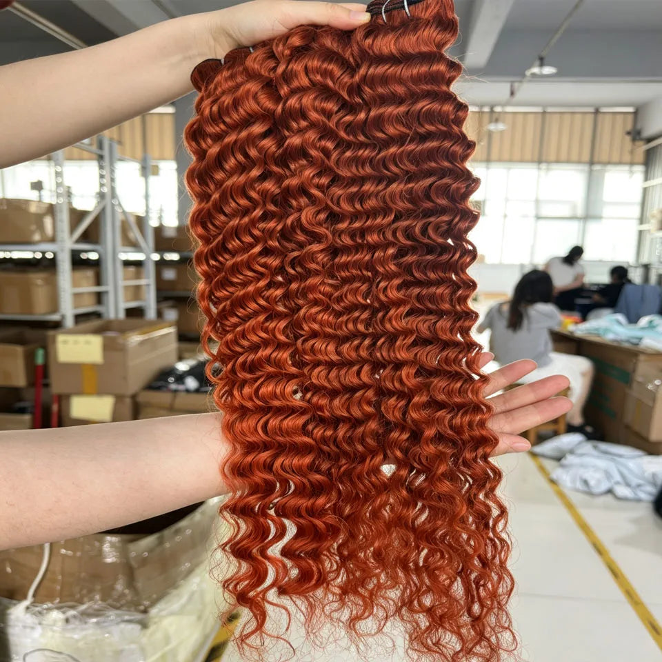 #350 Ginger Color Deep Wave Human Hair Bundles with Closure And Frontal 20A Brazilian Virgin 3/4 Bundles with 4x4 Lace Closure