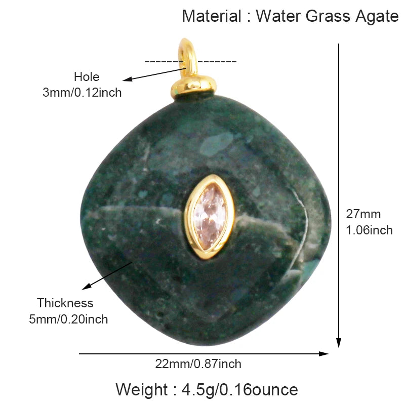 Jade, agate, amethyst, amazonite, water grass, and lapis lazuli charm pendant with 18K gold plating for necklace jewelry crafting.