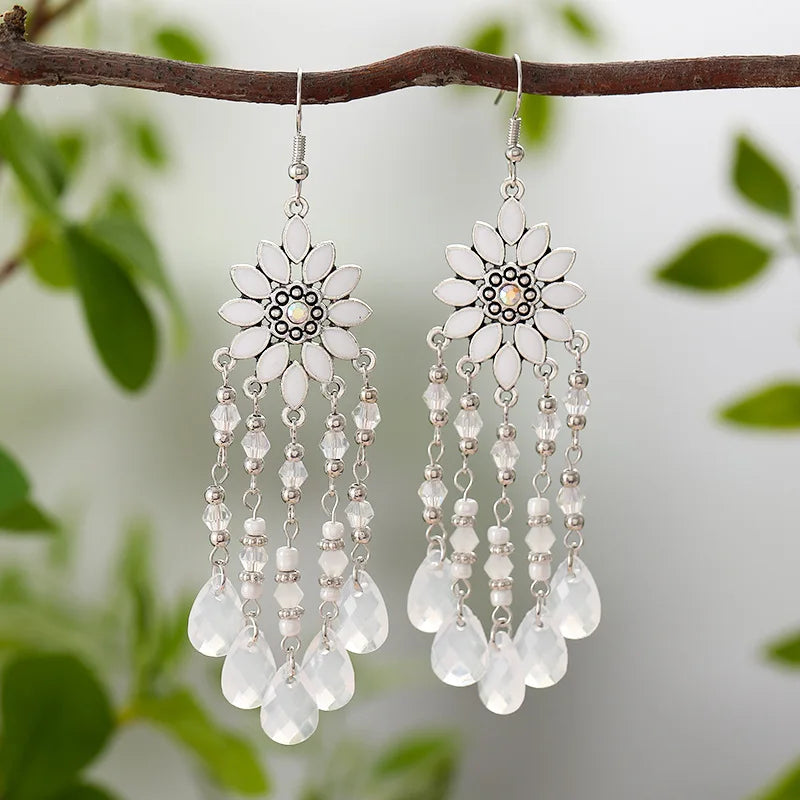 Bohemian HSF Marketplace water drop tassel earrings for women, vintage dangle jewelry in detailed close-up