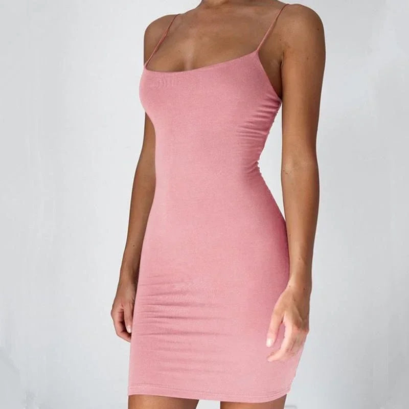 Black women's summer spaghetti strap mini dress with bodycon fit, camisole style, perfect for club or party wear.