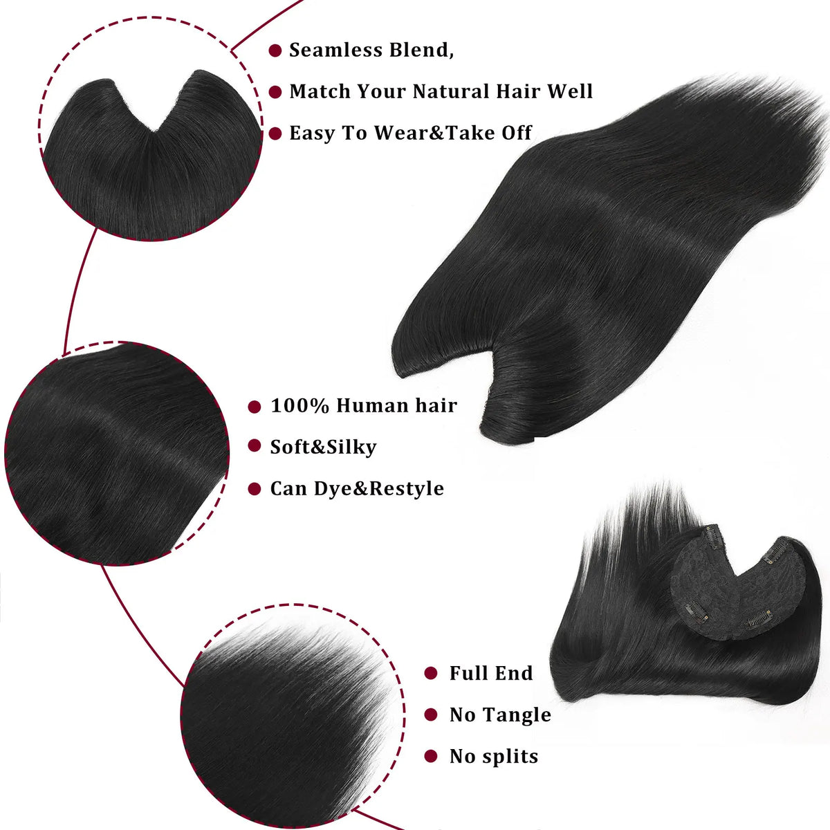 V-shape clip-in human hair extensions in brown-blonde highlights, 16-inch straight Brazilian Remy hair topper