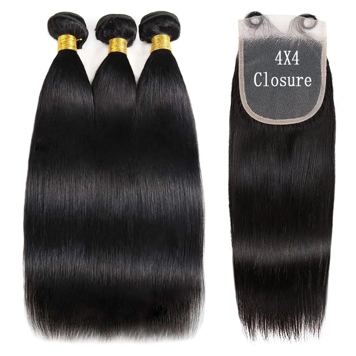 Straight Bundles With Frontal Closure Human Hair Double Weft Quick Weave 3 Bundles with 13x4 Frontal 4x4 Closure Pre Plucked #1B