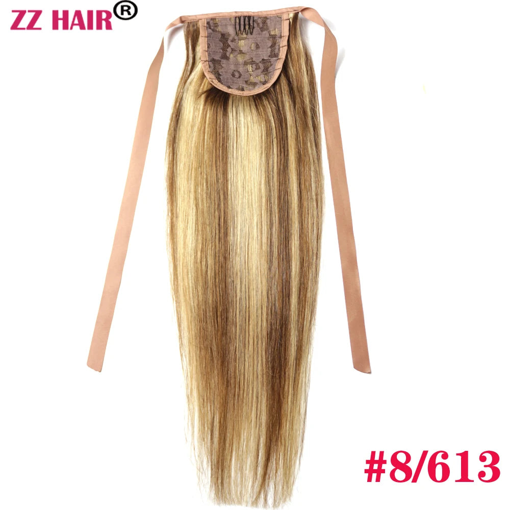 ZZHAIR Brazilian Remy human hair ribbon ponytail, 16–20 inch natural straight horsetail clip-in, 60g