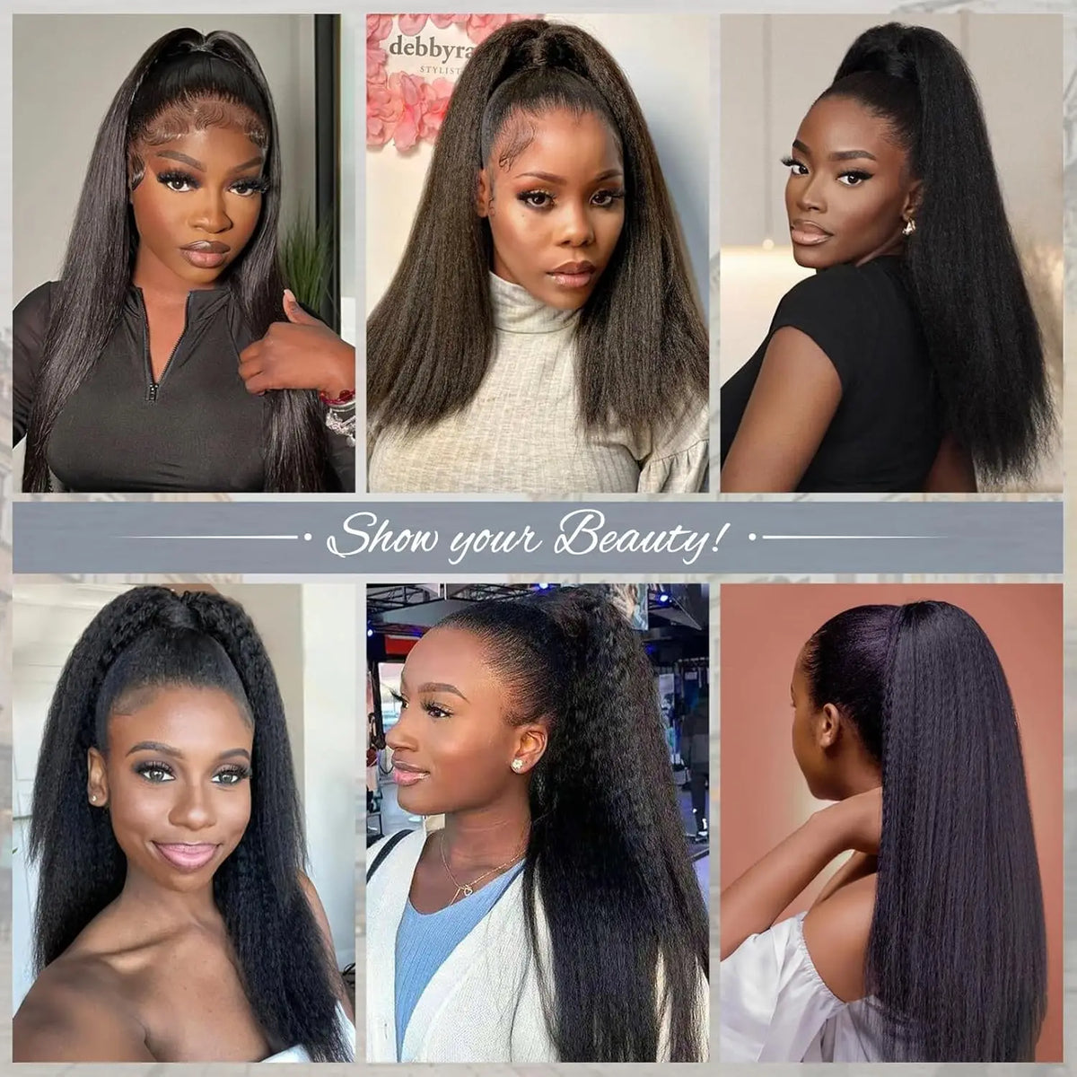 Kinky straight Brazilian Remy human hair drawstring ponytail extension in natural color, clip-in style