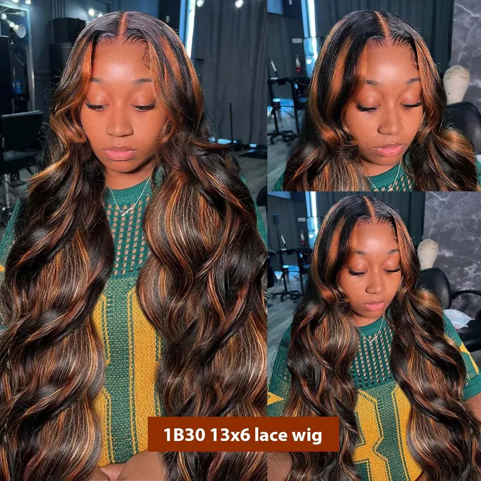 Highlight Body Wave human hair wig with 13x6 HD lace frontal, black brown blonde ombre, 30-36 inches, by HSF Marketplace
