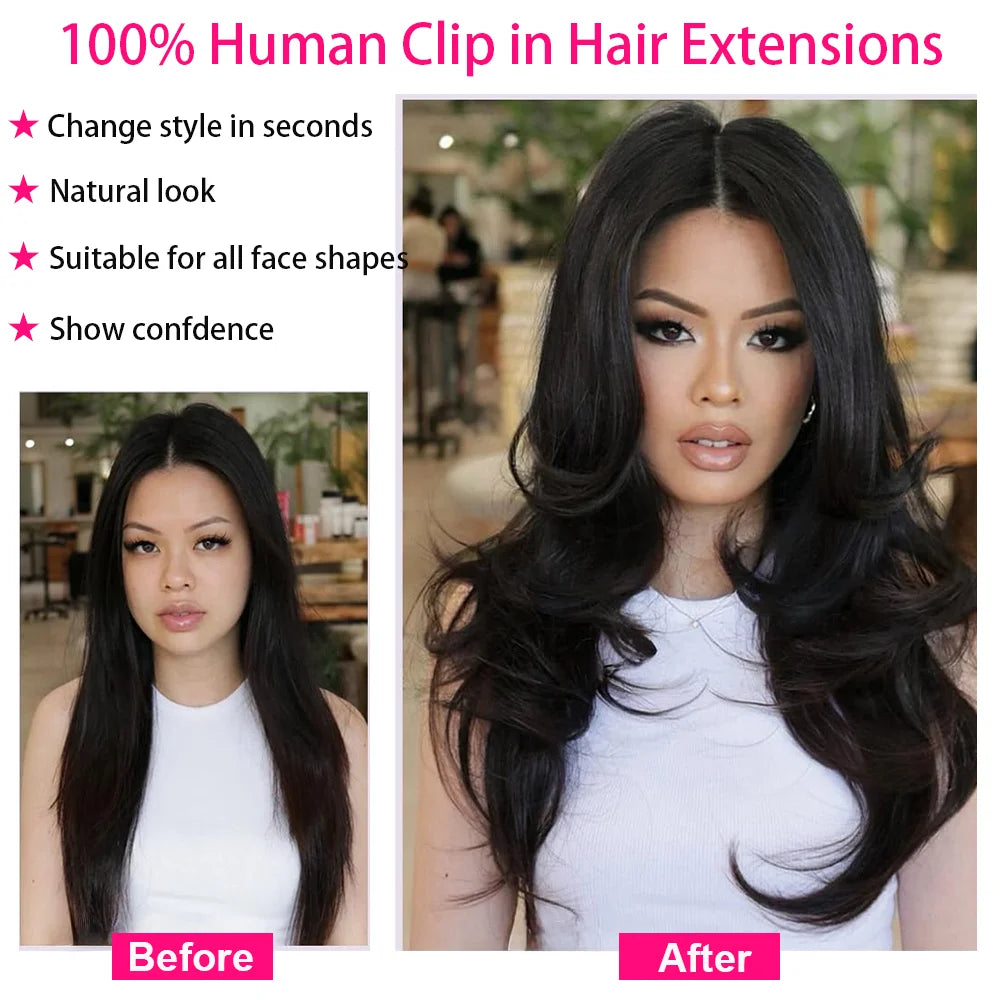 Brown unprocessed Brazilian human hair clip-in extensions, full head seamless straight extension set