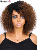 Brazilian Remy human hair wig with kinky curly bob style, bangs, and 200% density, featuring easy wear and natural look.