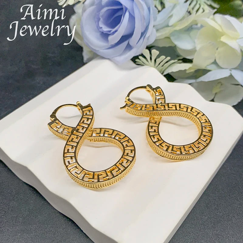 Original vintage Dubai gold plated hoop earrings, hollow copper drop African jewelry set for women, HSF Marketplace