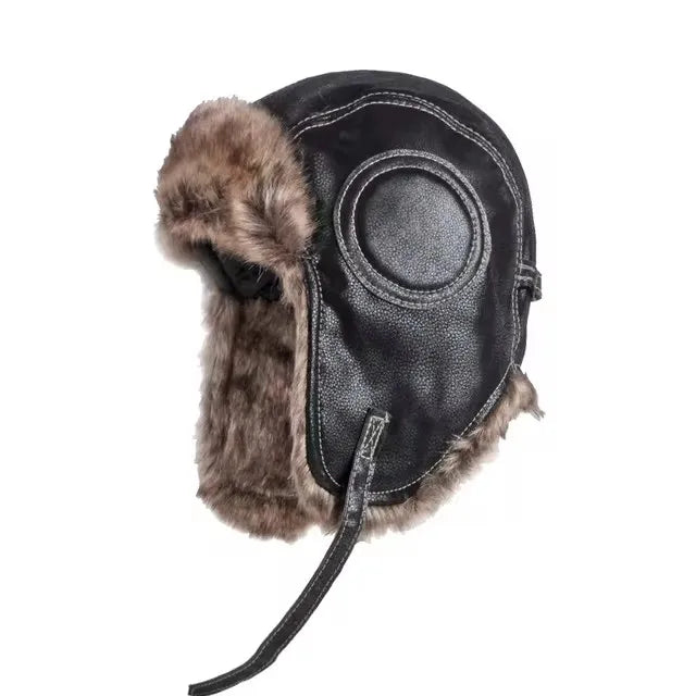 Black and grey HSF Marketplace bomber hat with thick fur lining, earflaps, and warm Russian ushanka style for women