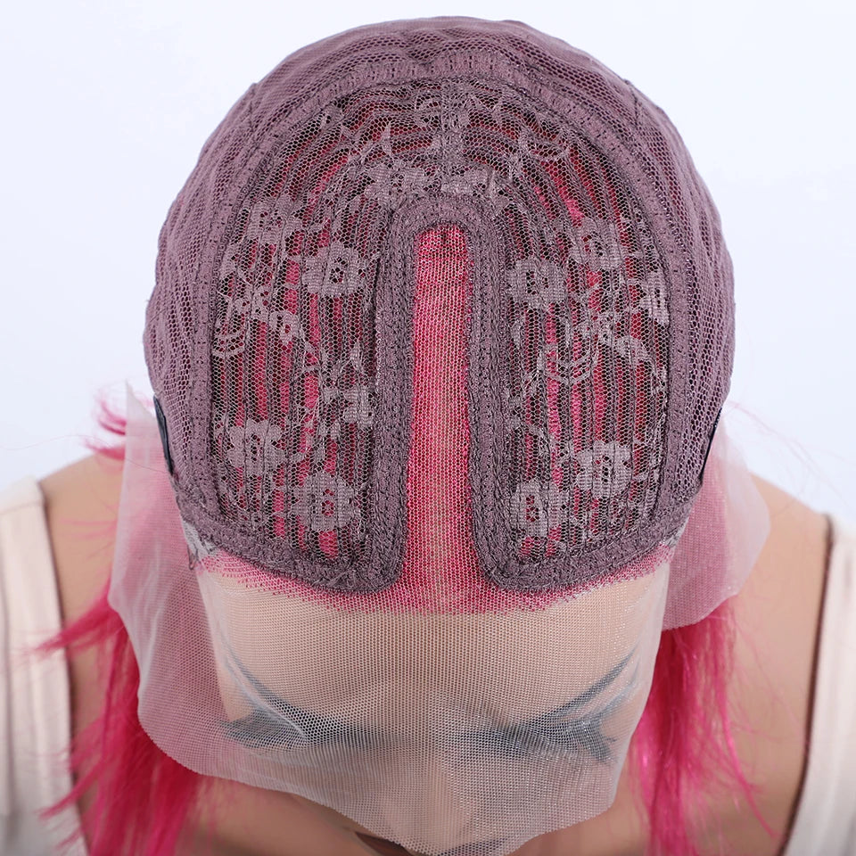 Hot pink short straight lace front bob wig with 13x5x1 lace, human hair, 180 density for women, styled for a party look.