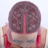 Hot pink short straight lace front bob wig with 13x5x1 lace, human hair, 180 density for women, styled for a party look.