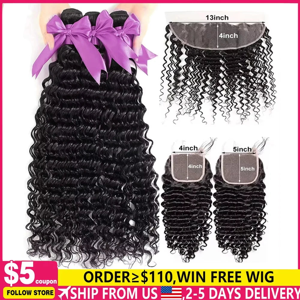 Burmese Hair Weave Bundles With Closure 4x4 5x5 Lace Closure 30 Inch Deep Wave Raw Human Hair Curly Bundles With 13x4 Frontal