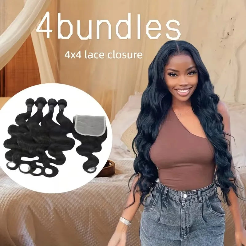 5X5 Body Wave 3/4 Bundles with 4X4 Lace Closure Human Hair Extensions for Women Natural Black Big Wave Human Hair Easy to Wear for Women'S Daily Styling