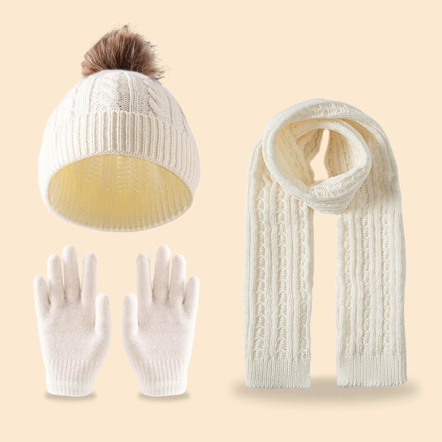 HSF Marketplace kids winter fleece scarf, hat and gloves set with double-ball hat, ages 3–14Y
