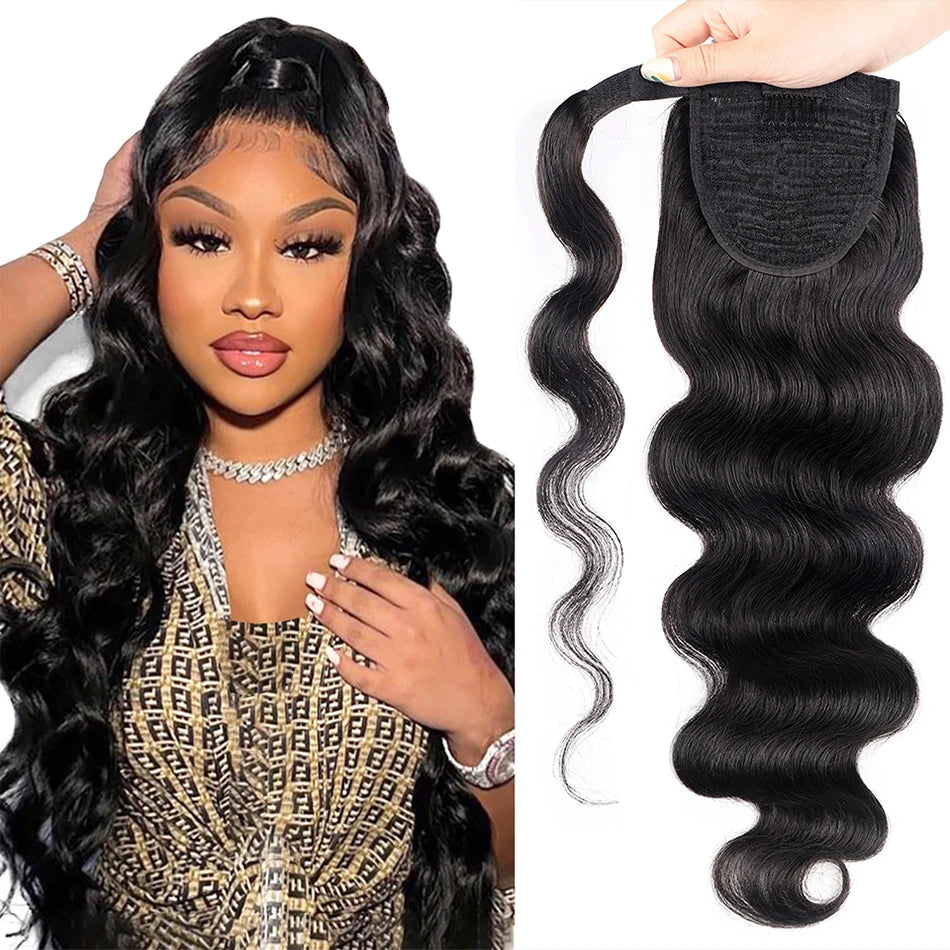 Water wave wrap-around ponytail real virgin Brazilian human hair extensions in natural black
