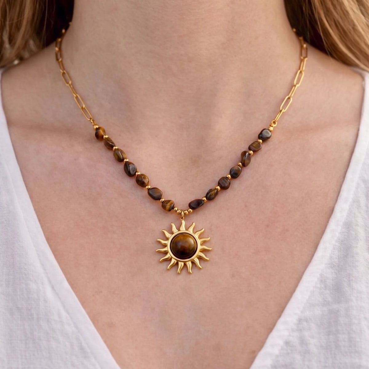 Tiger Eye stone stainless steel sun necklace for women, gold PVD plated choker chain, waterproof, tarnish-free jewelry.