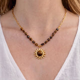 Tiger Eye stone stainless steel sun necklace for women, gold PVD plated choker chain, waterproof, tarnish-free jewelry.