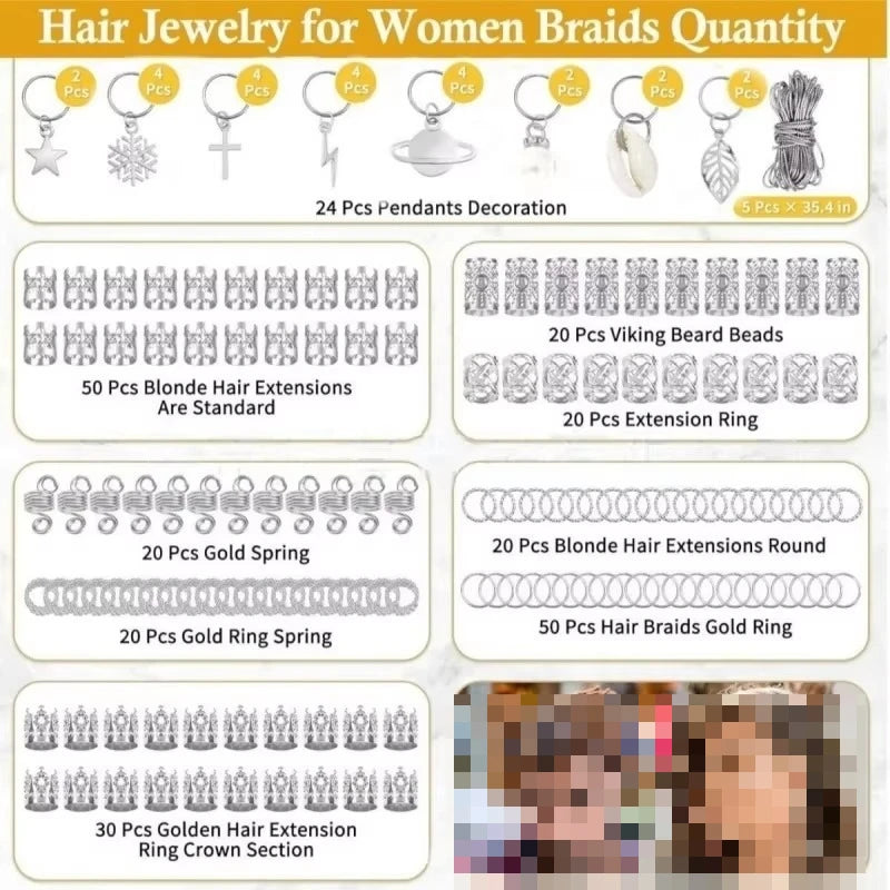 259pcs DIY Braid Jewelry Accessories Silvery Gold Metal Hair Braiding Rings Hip-Hop Punk Style Hollow-Out Dreadlock Beads for Wo