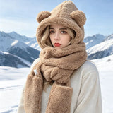 Women's winter bear ear hat, scarf, and gloves set in plush fabric, HSF Marketplace