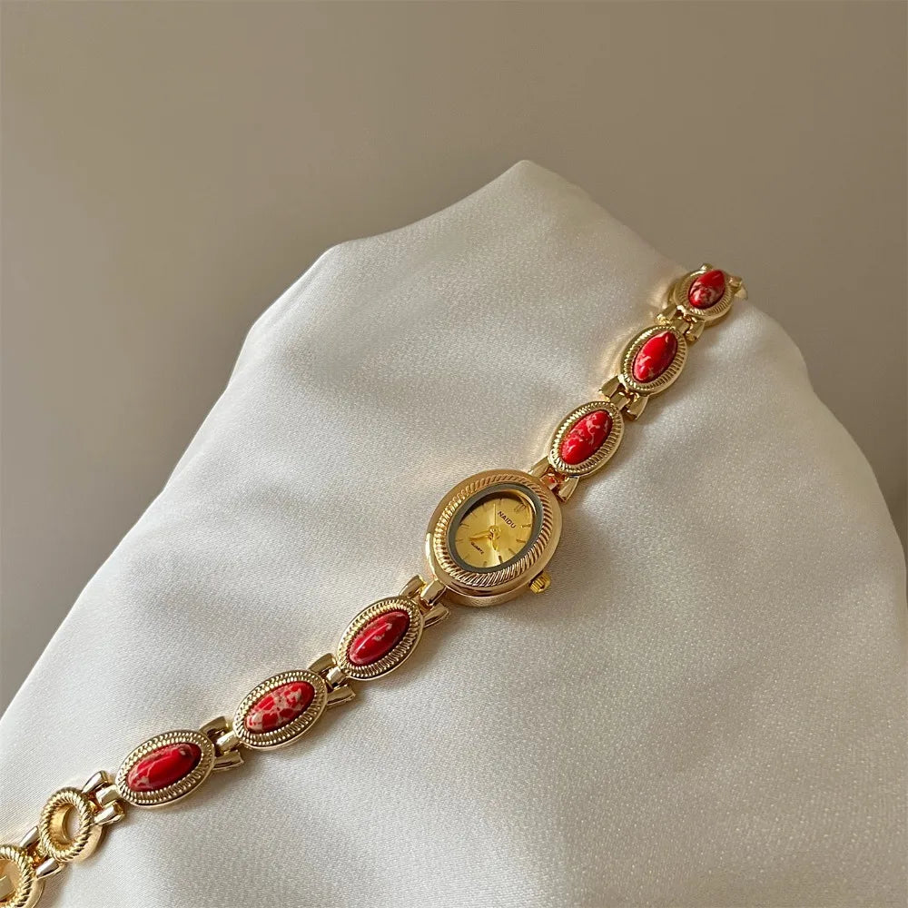 New Colored Gemstones Ladies Watch Elegant Luxury Quartz Watch Gift Oval Wristwatch