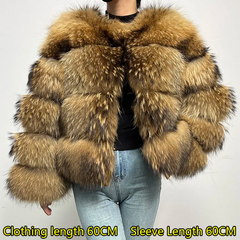 Women's luxury thick real raccoon fur coat in a plus-size design by HSF Marketplace