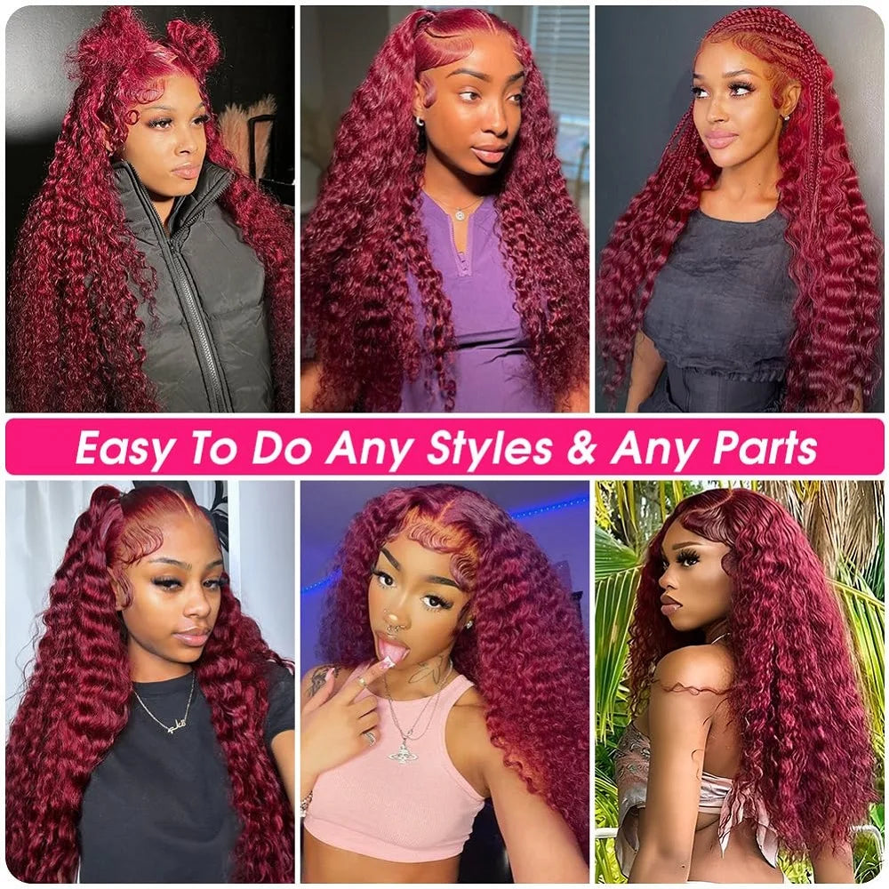 12A Water Wave Bundles With Closure 99J Burgundy Wet and Wavy Virgin Curly Deep Wave 100% Human Hair Bundles With Closure