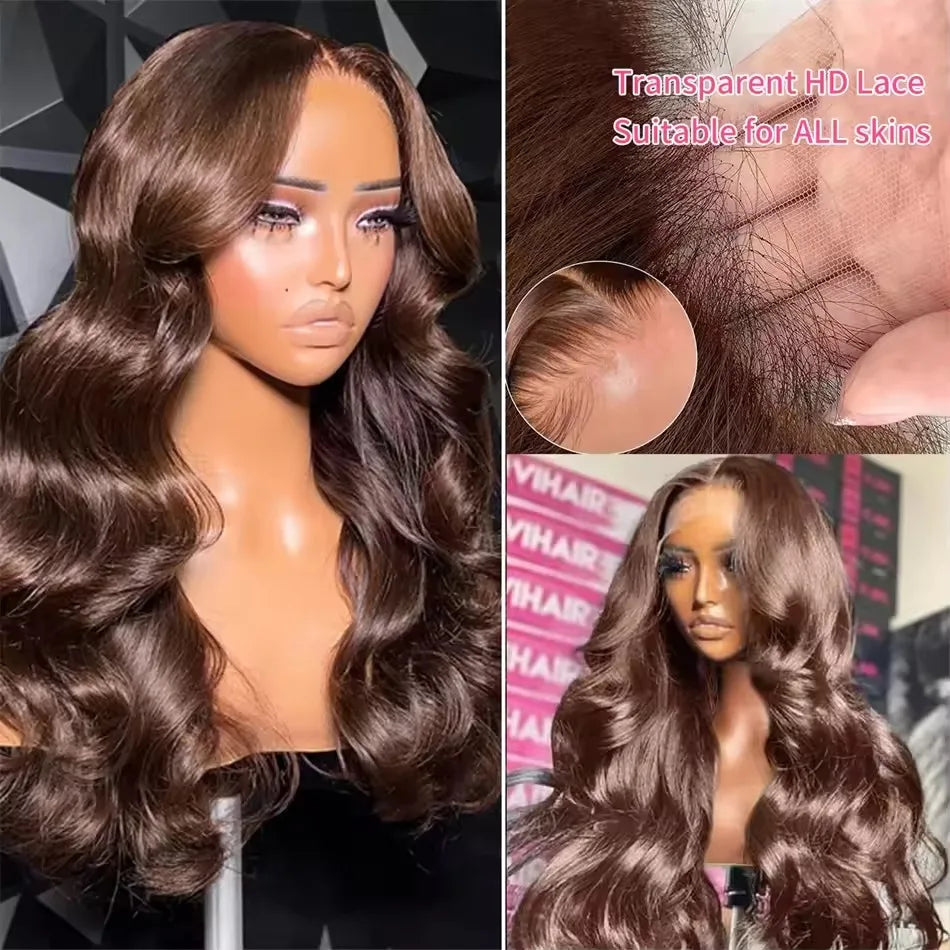 Chocolate Brown Body Wave Lace Front Wig Transparent 13x4 HD Lace Frontal Wigs Preplucked Colored Human Hair Wigs 4x4 5x5 13x6