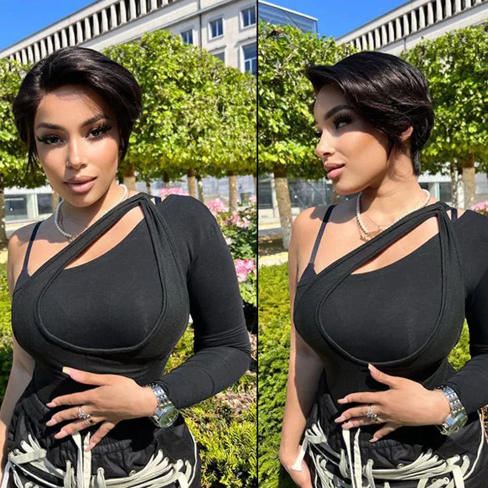 Straight Rebecca short bob pixie cut wig with transparent lace front, human Brazilian hair, preplucked, wearable for women.
