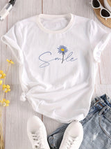 Women's casual short sleeve T-shirt with flower and letter print by HSF Marketplace